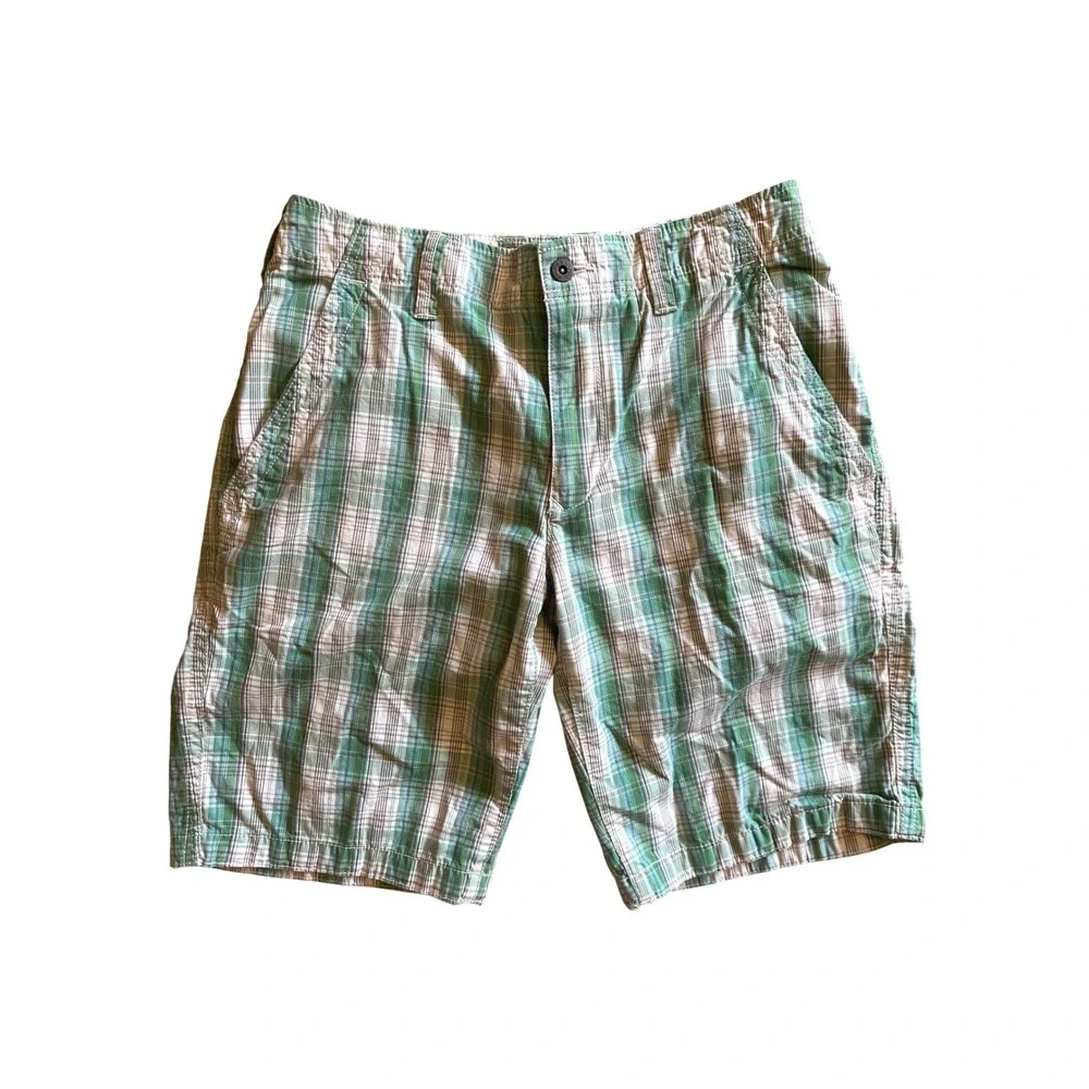 Y2K Cargo Express Mens Green White Plaid Cotton Flat Front Casual Shorts Size 31